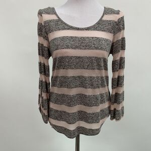 Almost Famous Juniors Women's Top Large Pink Gray Sheer Back Striped